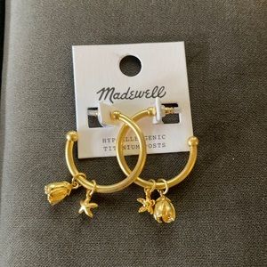 Madewell Petalbud hoop earrings in vintage gold - rose and flower charms NWT